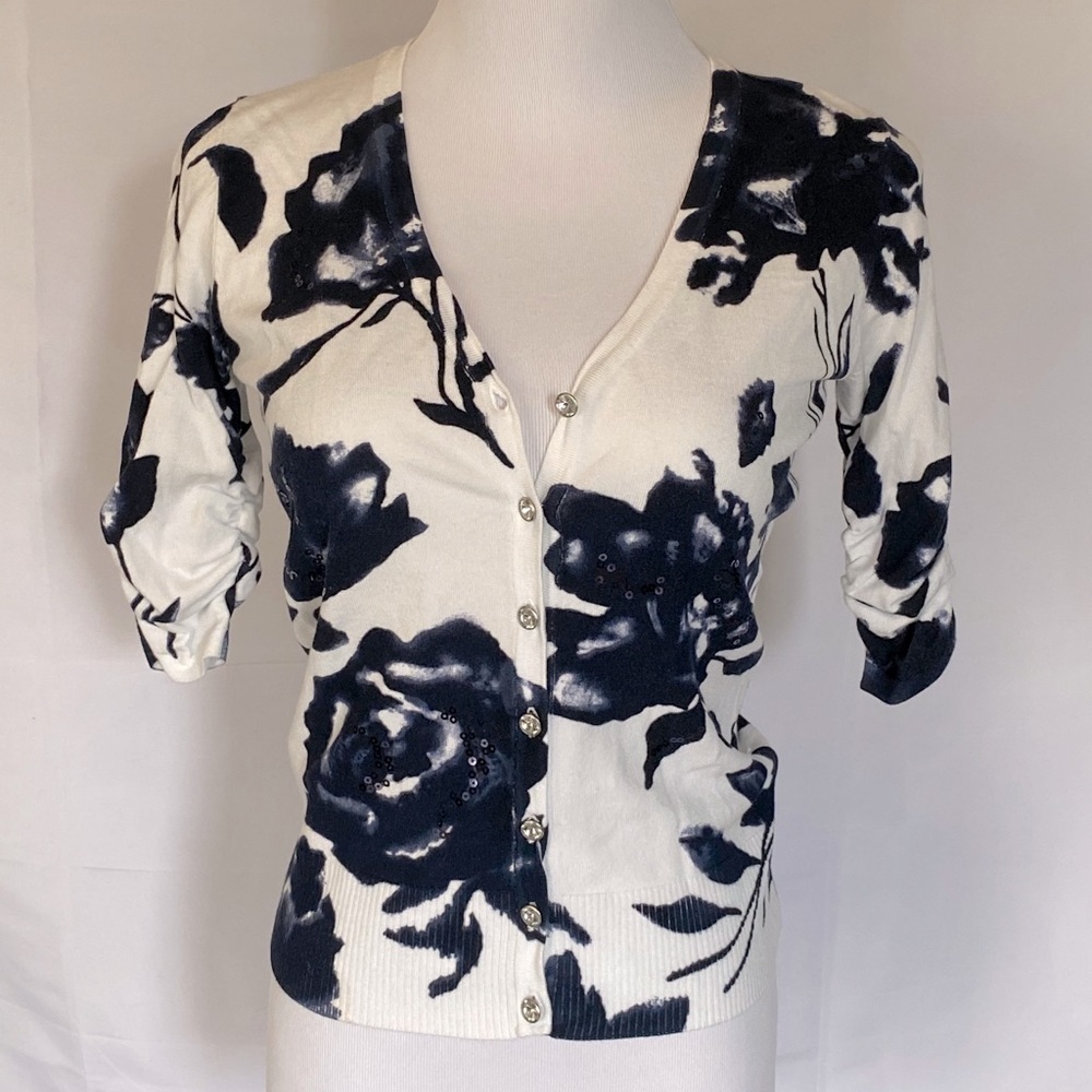 INC White with Blue floral design V neck cardigan with gem style buttons